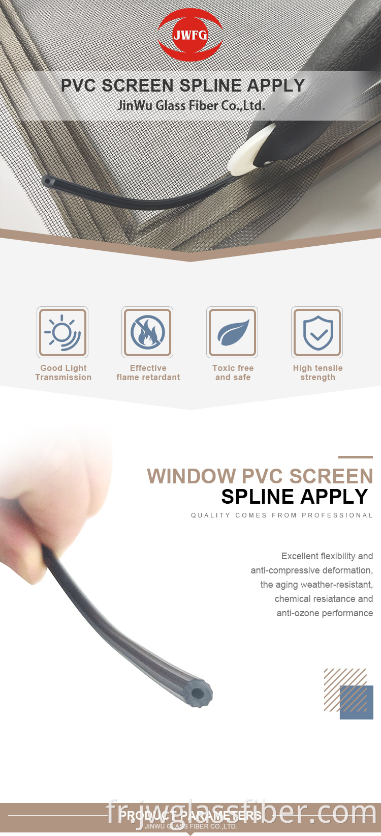 Spline en PVC de retenue d'écran d'insectes pour la fenêtre et la porte, joint en caoutchouc de fenêtre